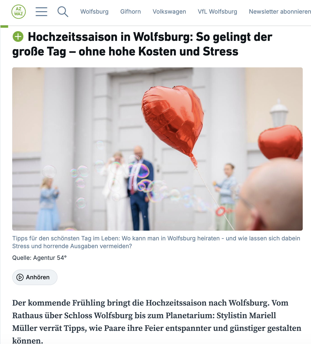 Bericht der Wolfsburger Allgemeinen über Hochzeiten in Wolfsburg mit Mariell Müller