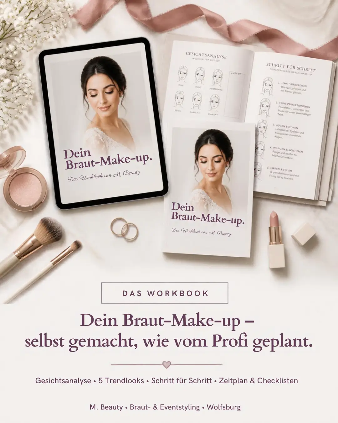 Das Braut-Make-up-Workbook von M. Beauty auf dem Tablet und als gedrucktes Heft